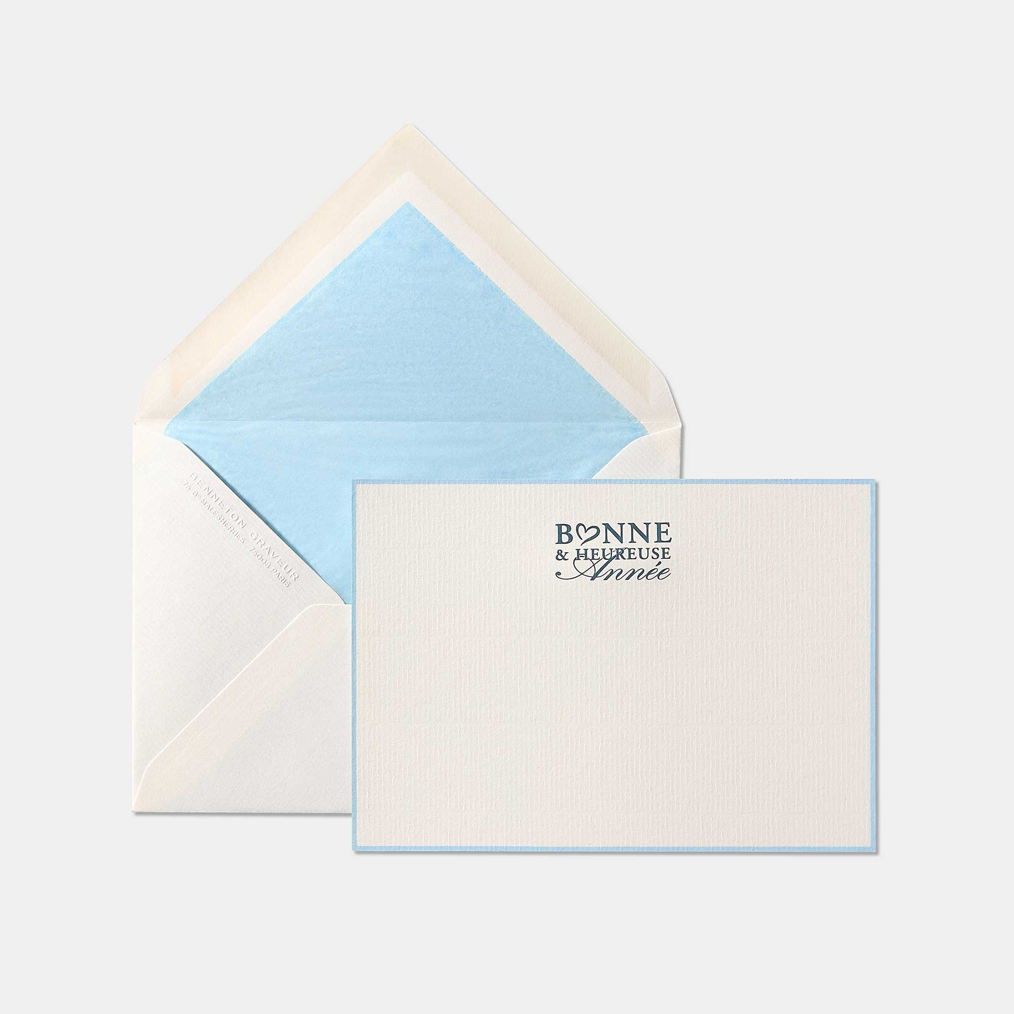 Carte et enveloppe assortie motif Bonne et Heureuse Année bleu ciel
