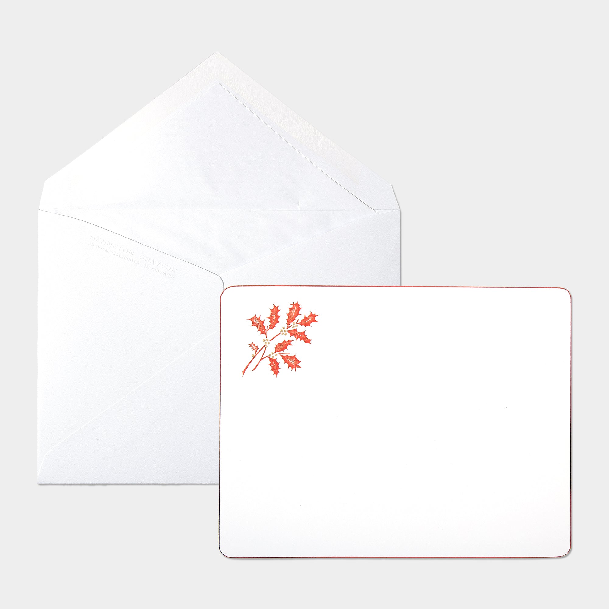 Carte festive coins ronds motif houx et son enveloppe assortie rouge