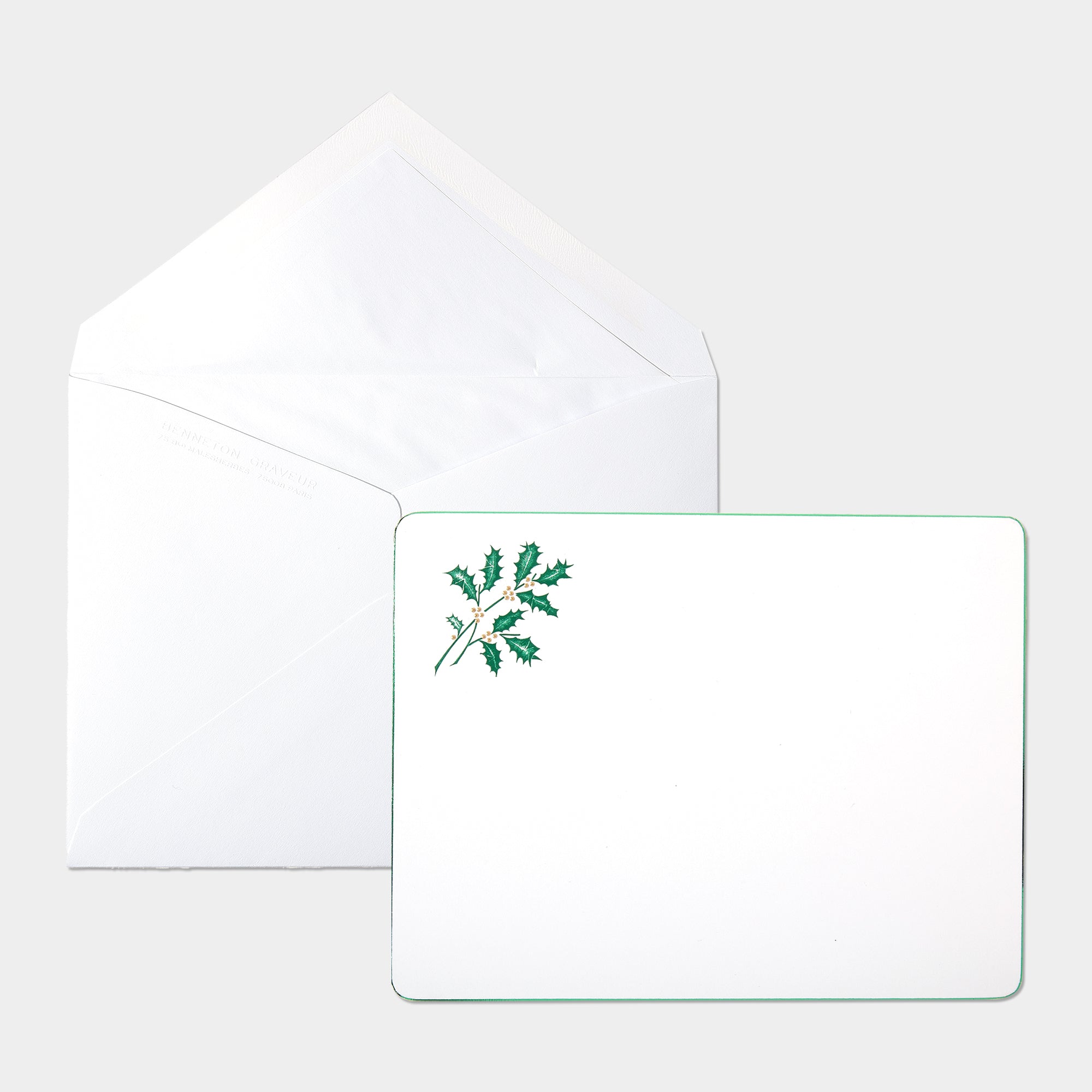 Carte festive coins ronds motif houx et son enveloppe assortie vert