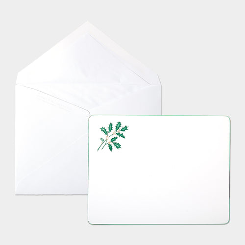 Carte festive coins ronds motif houx et son enveloppe assortie vert