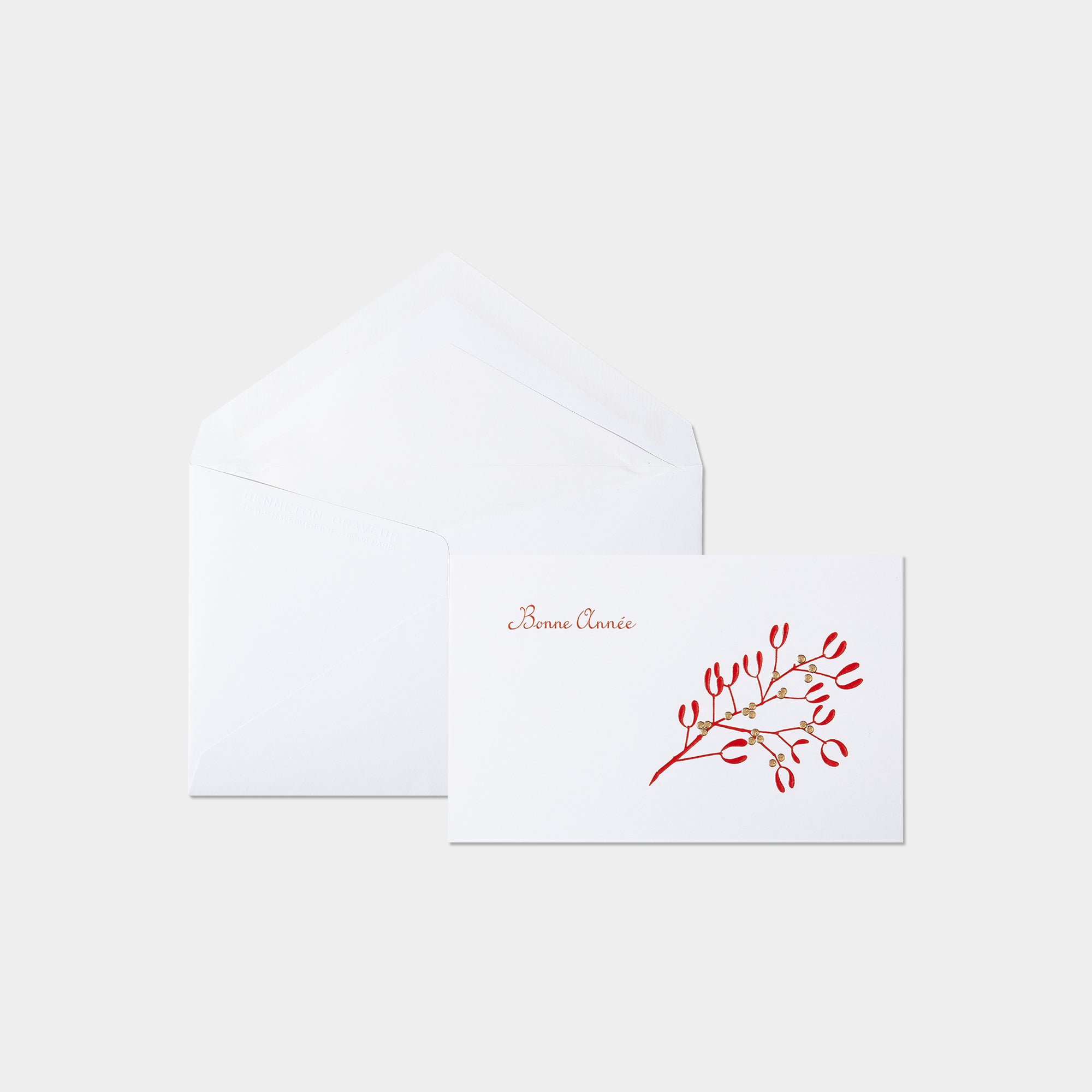 Carte festive motif bonne année gui et son enveloppe assortie blanche