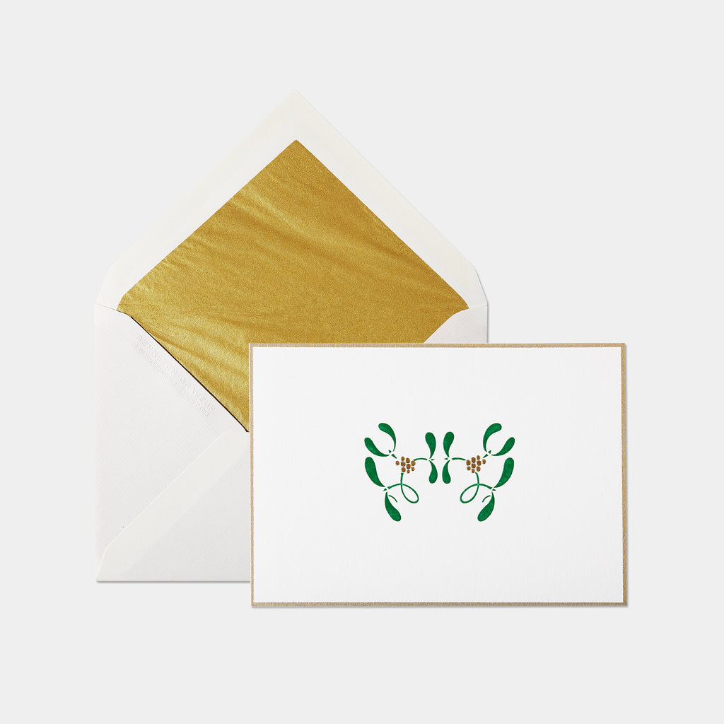 Carte festive motif gui or et vert et son enveloppe assortie or