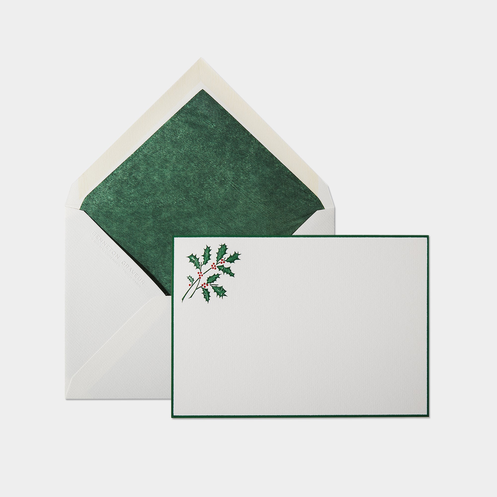Carte festive motif houx et son enveloppe assortie vert