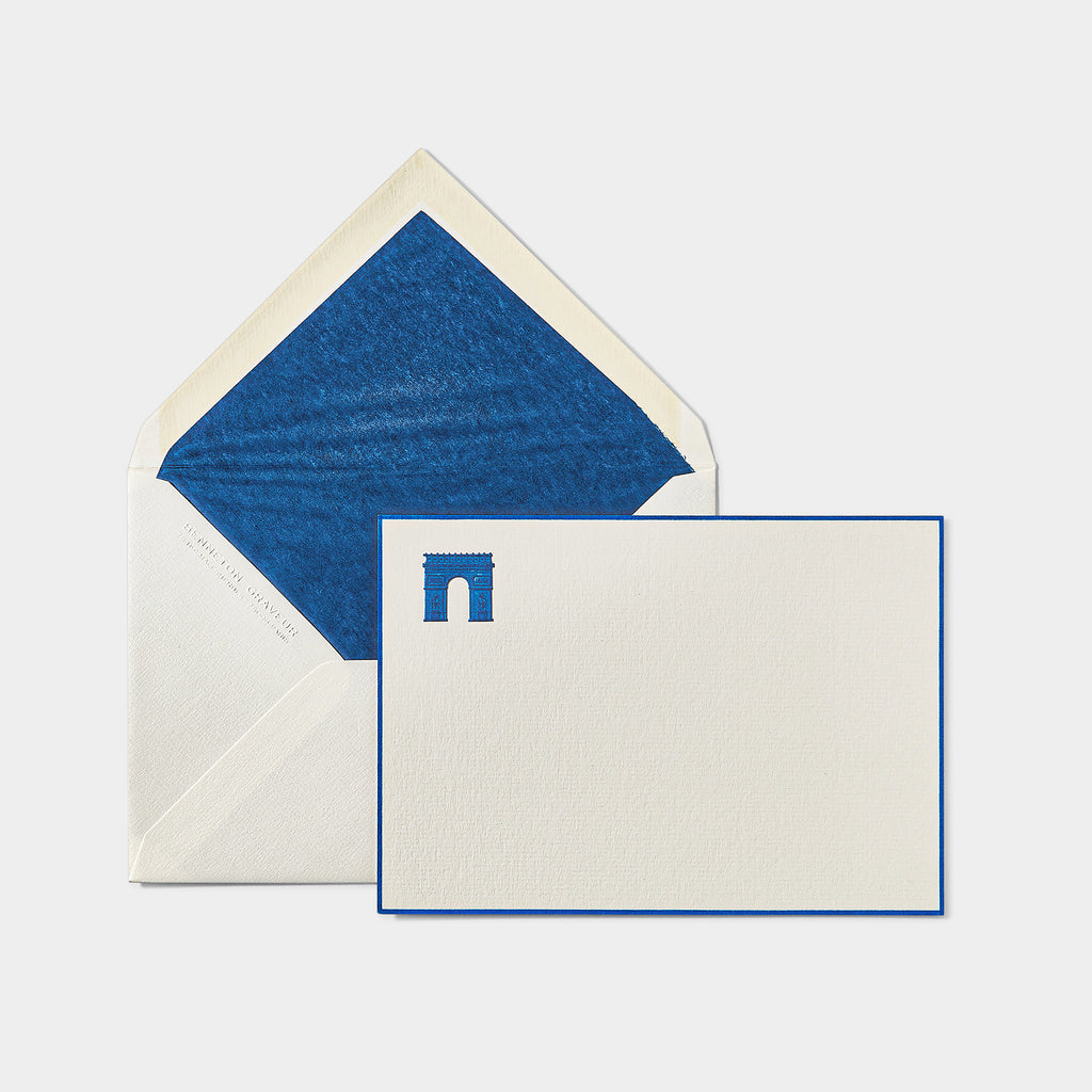 Carte et enveloppe assortie motif arc de triomphe bleu