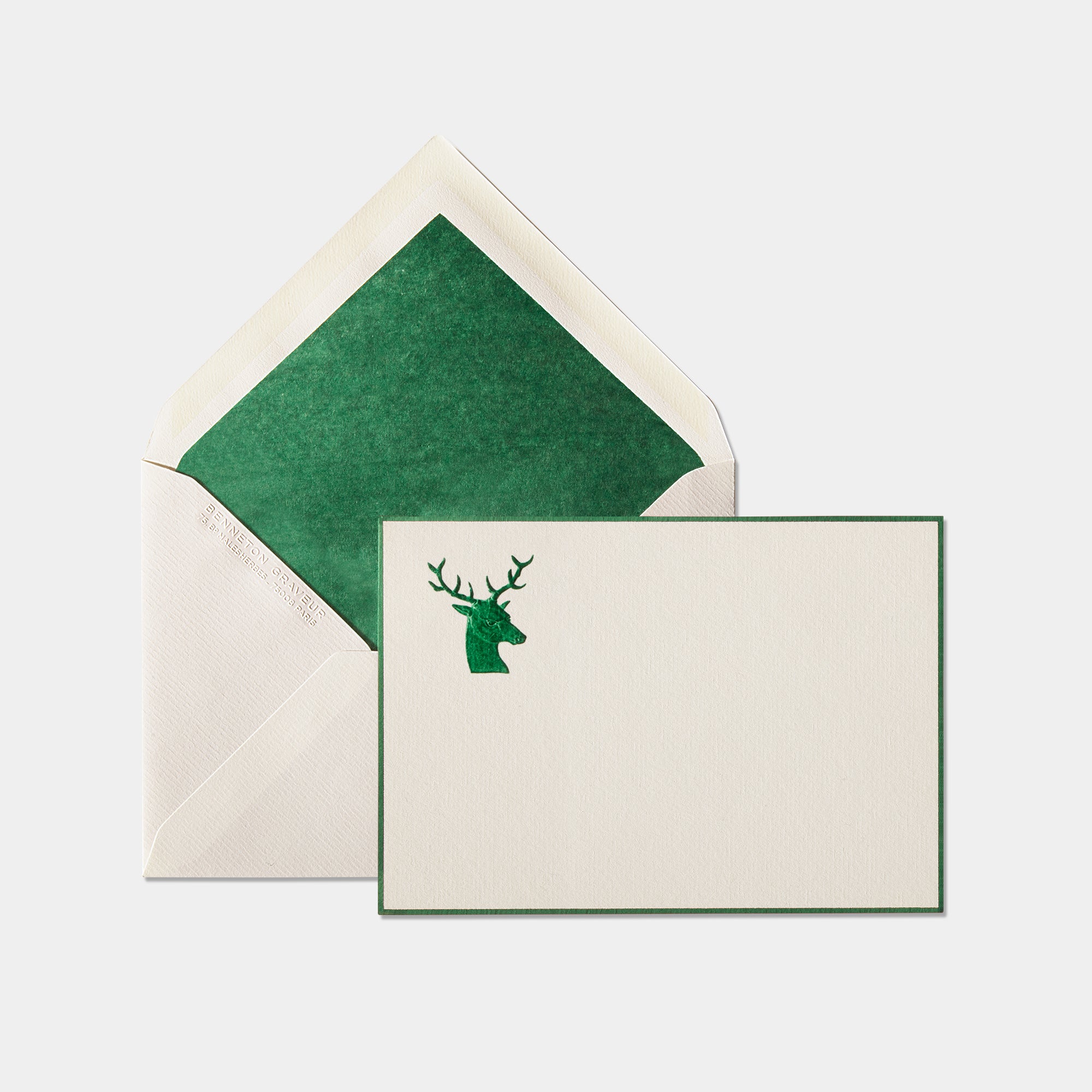 Carte et enveloppe assortie motif cerf vert-sapin