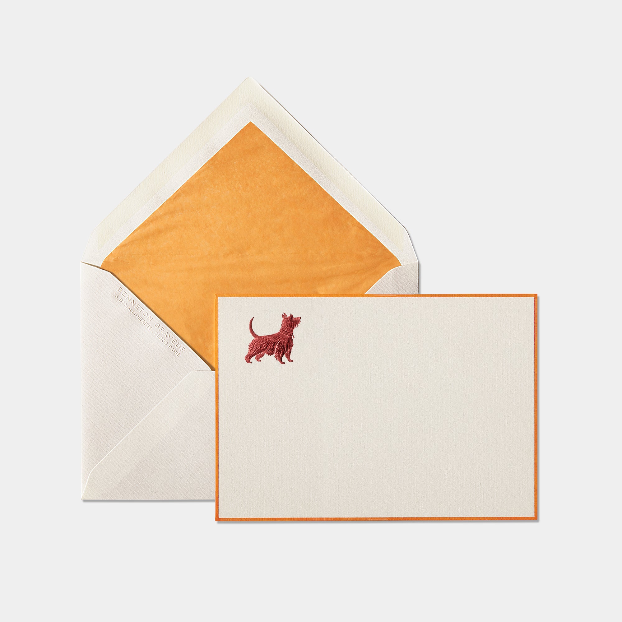 Carte et enveloppe assortie motif chien orange et marron 