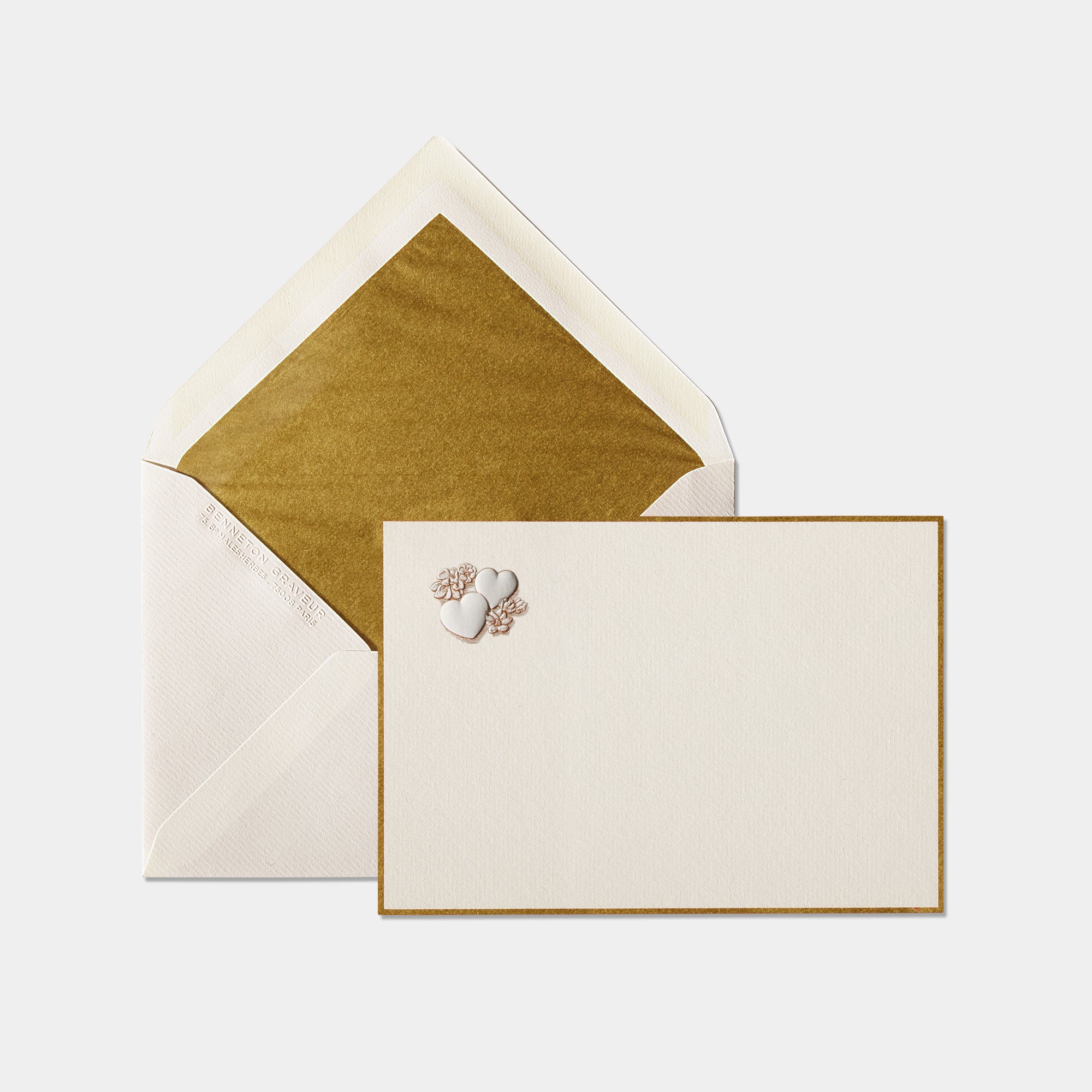 Carte et enveloppe assortie motif coeur fleuris or