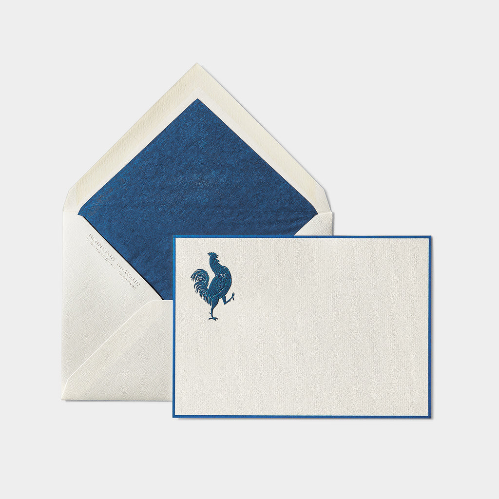 Carte et enveloppe assortie motif coq bleu
