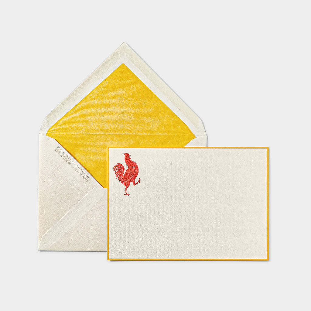 Carte et enveloppe assortie motif coq rouge et jaune 