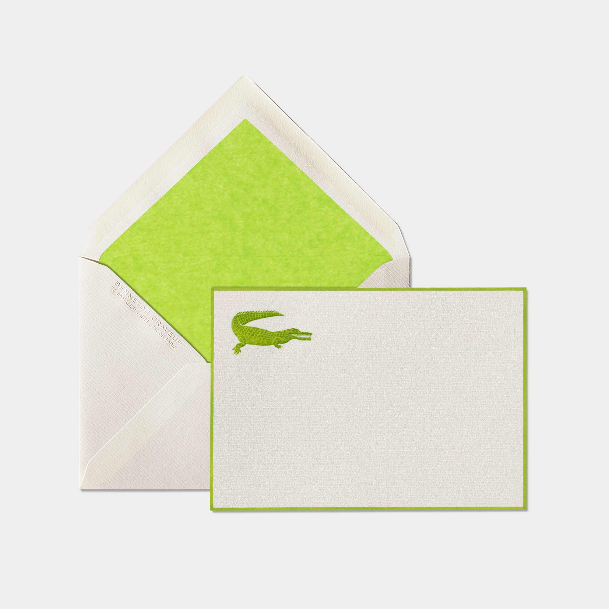 Carte et enveloppe assortie motif crocodile vert anis