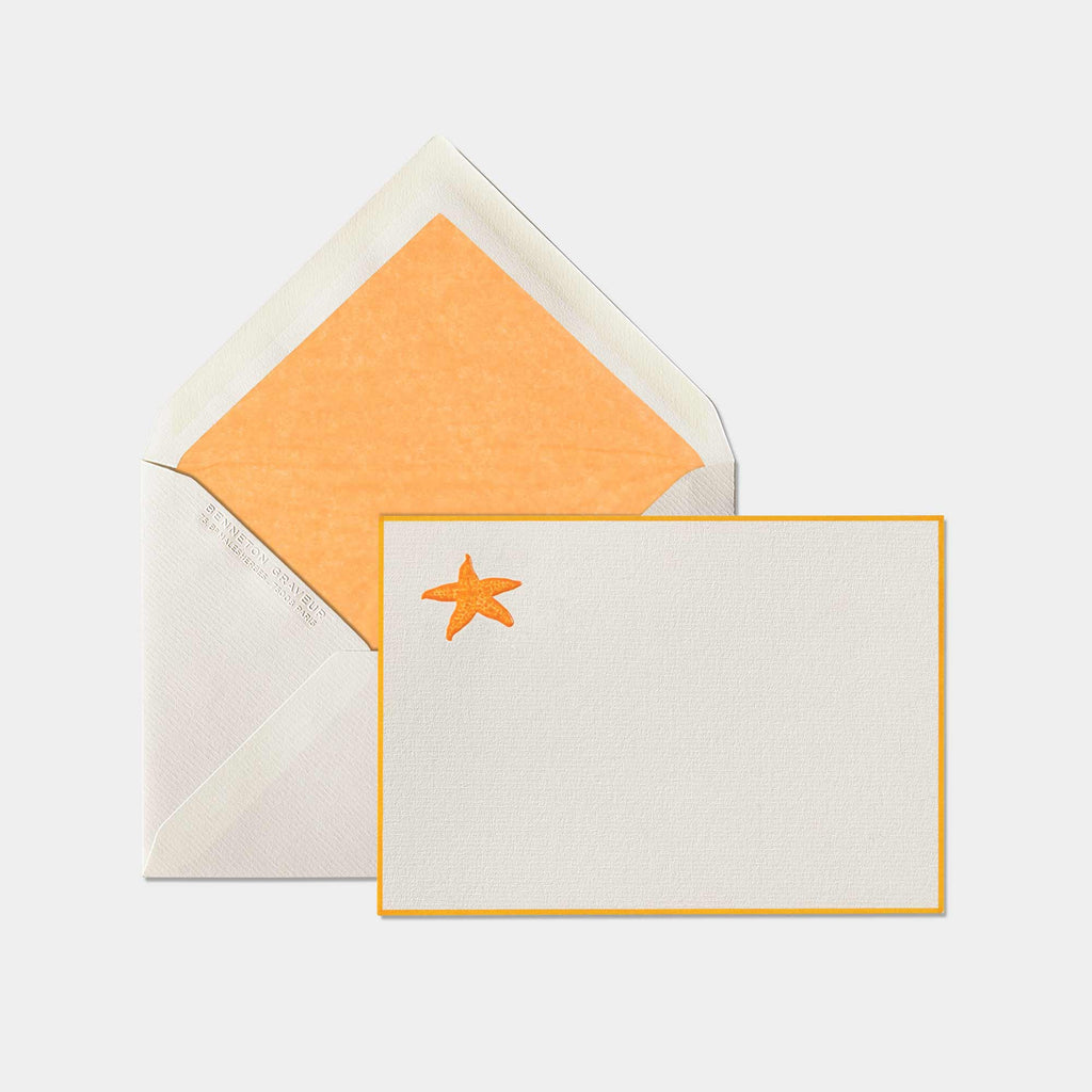 Carte et enveloppe assortie motif etoile de mer jaune