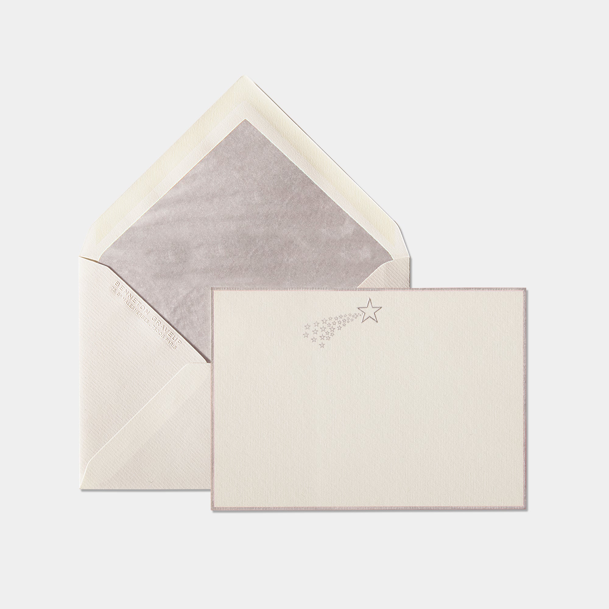 Carte et enveloppe assortie motif etoile filante argent