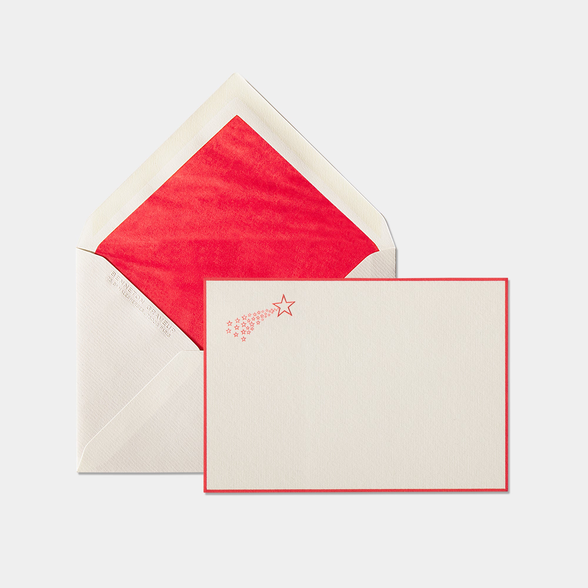 Carte et enveloppe assortie motif etoile filante rouge