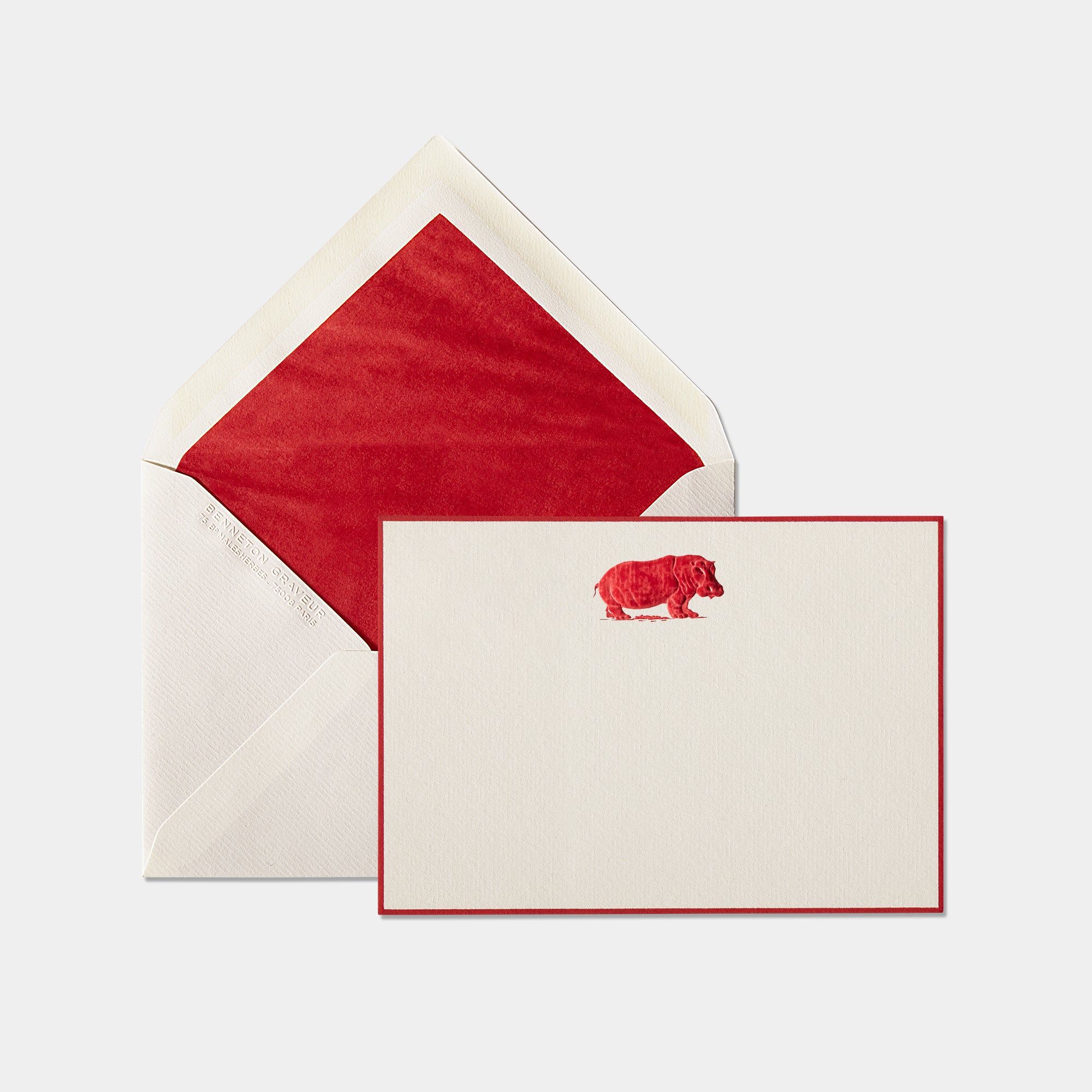 Carte et enveloppe assortie motif hippopotame rouge