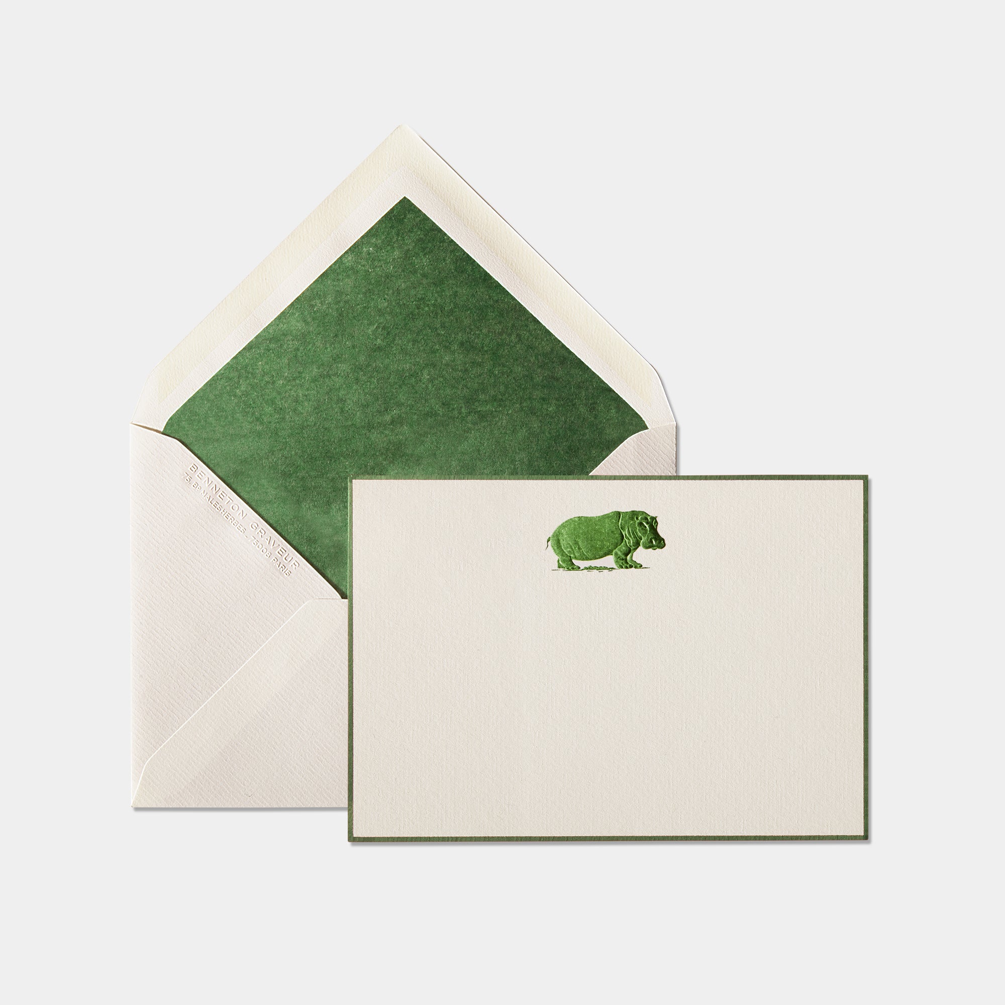 Carte et enveloppe assortie motif hippopotame vert