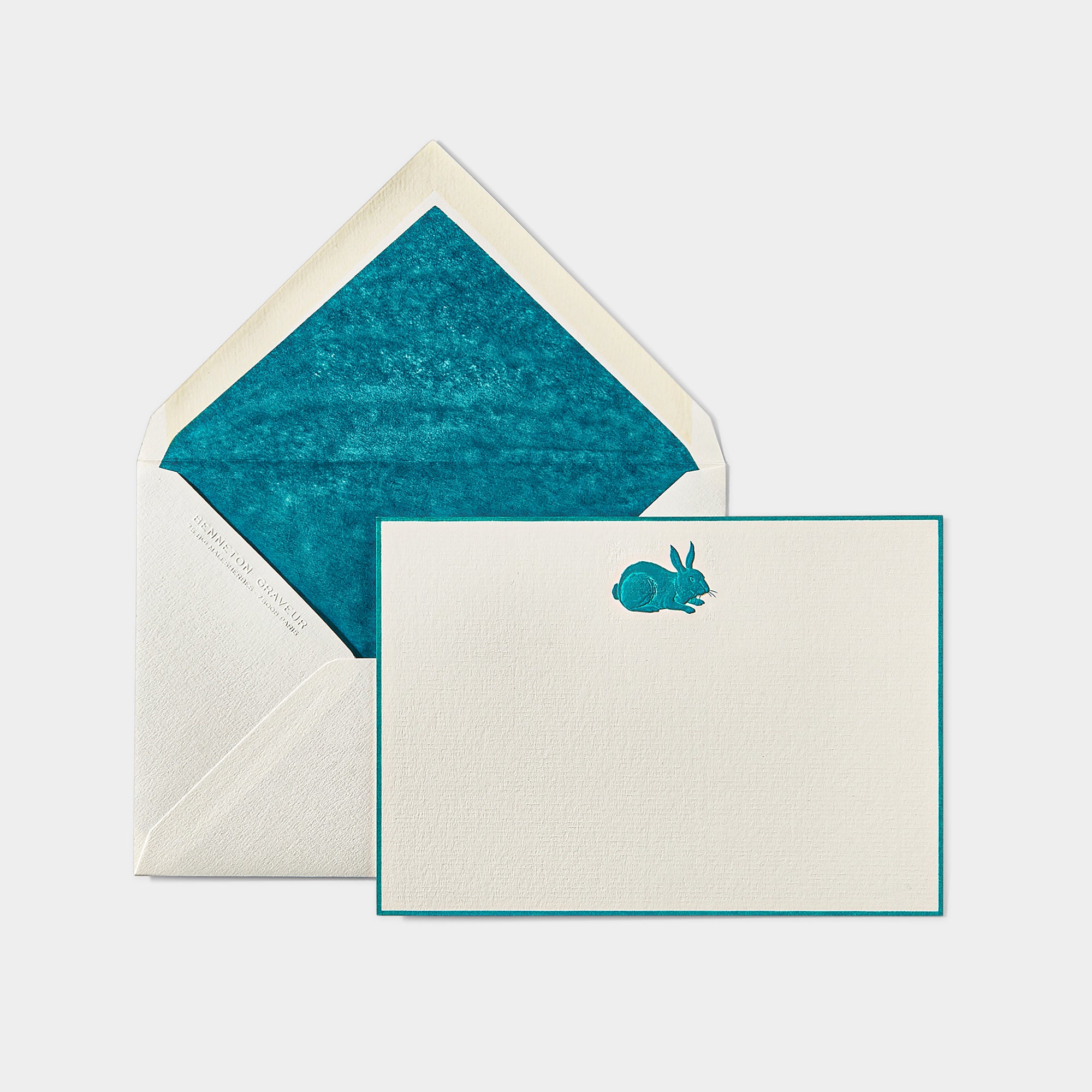 Carte et enveloppe assortie motif lapin d'amour bleu turquoise 