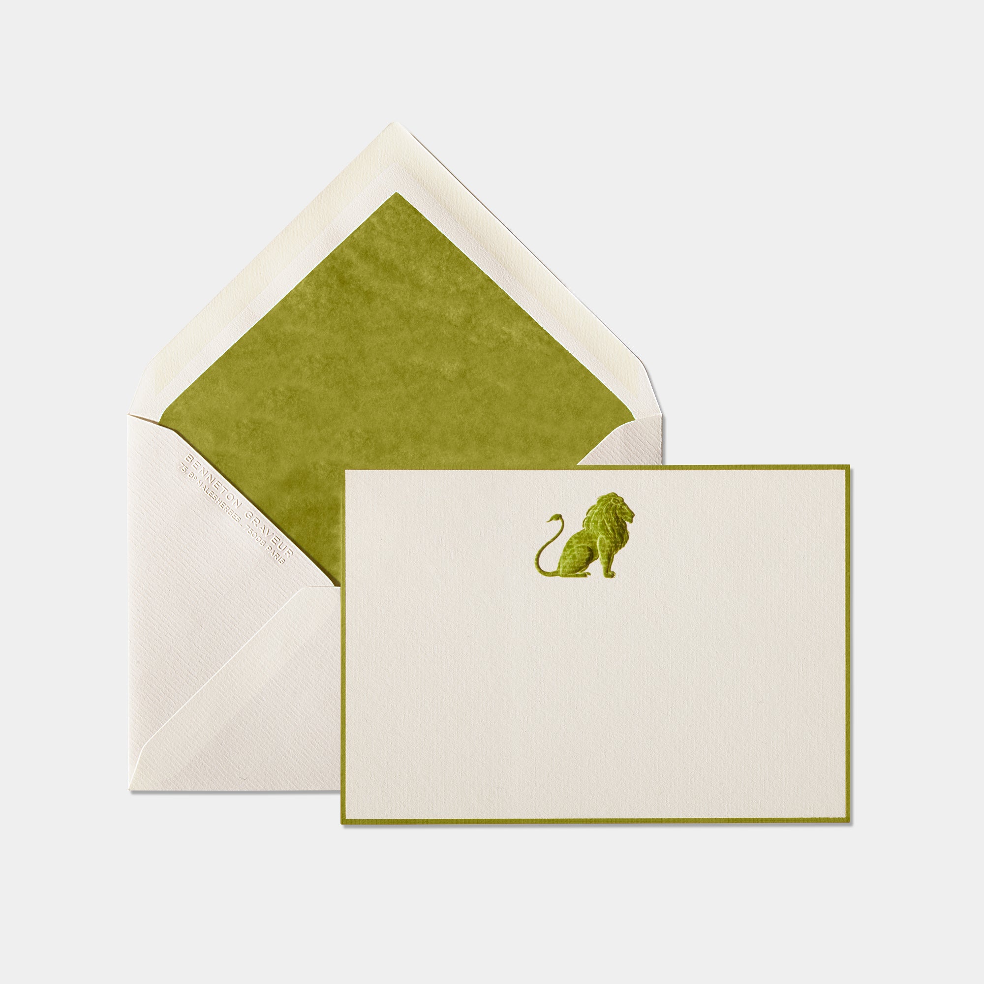 Carte et enveloppe assortie motif lion vert kaki