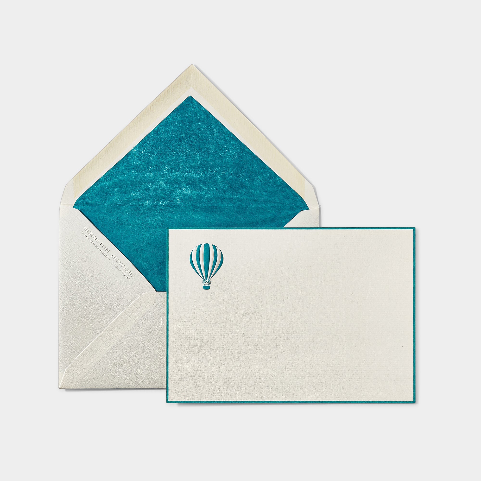 Carte et enveloppe assortie motif montgolfiere bleu turquoise 