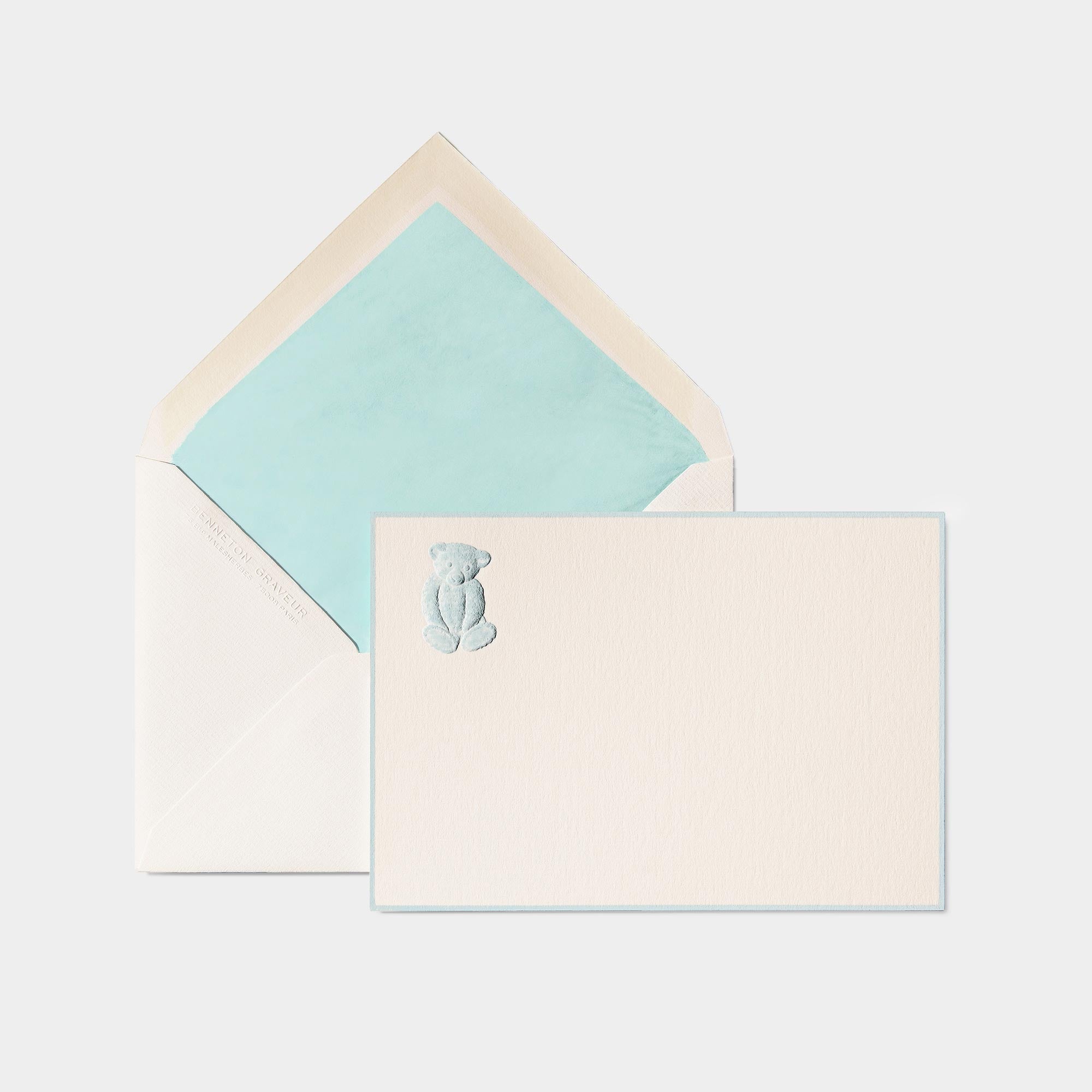Carte et enveloppe assortie motif ourson tim bleu ciel