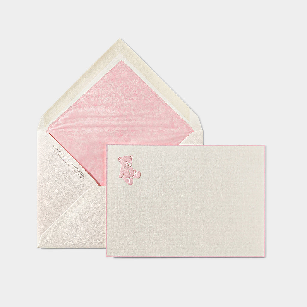 Carte et enveloppe assortie motif ourson tom rose pale 