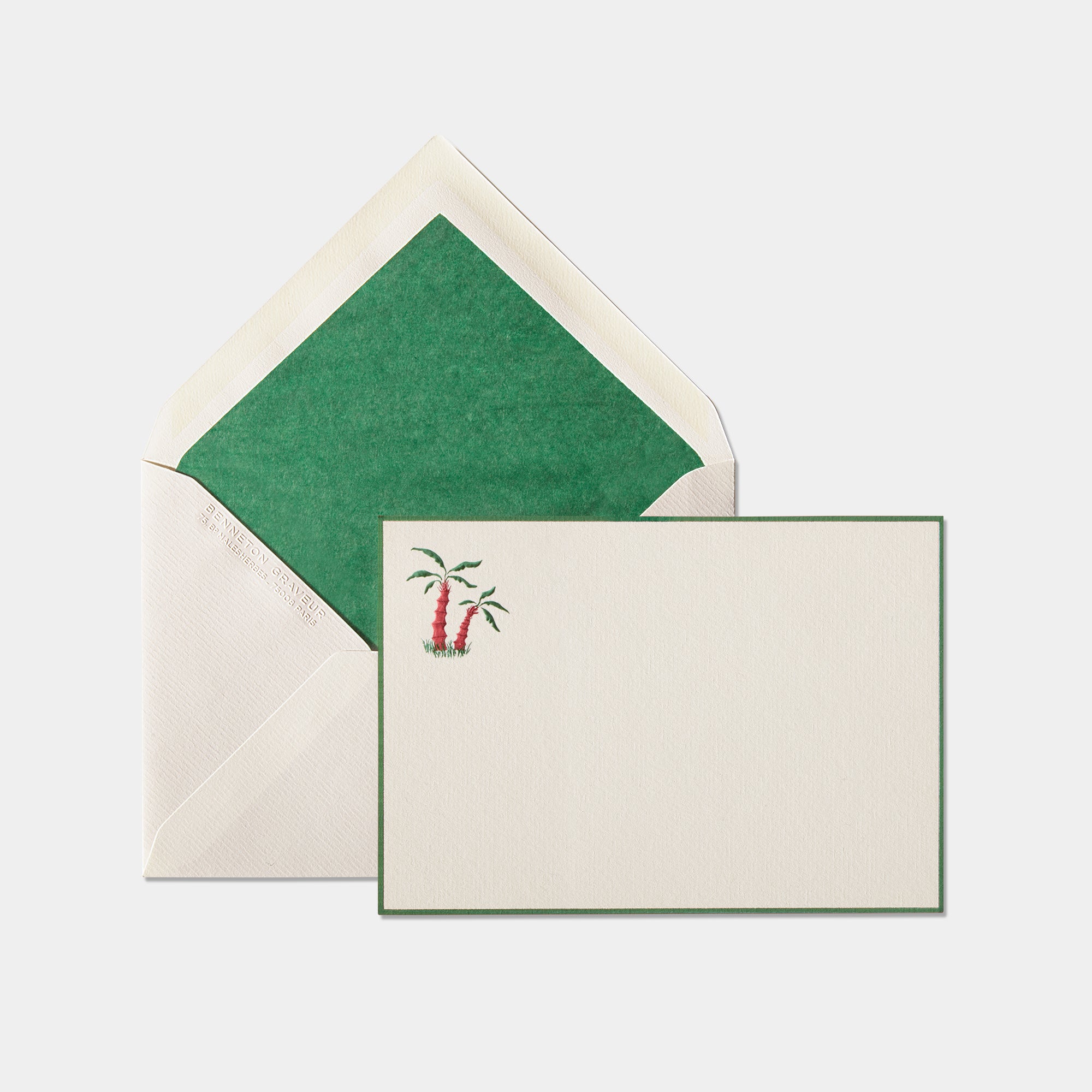 Carte et enveloppe assortie motif palmier vert