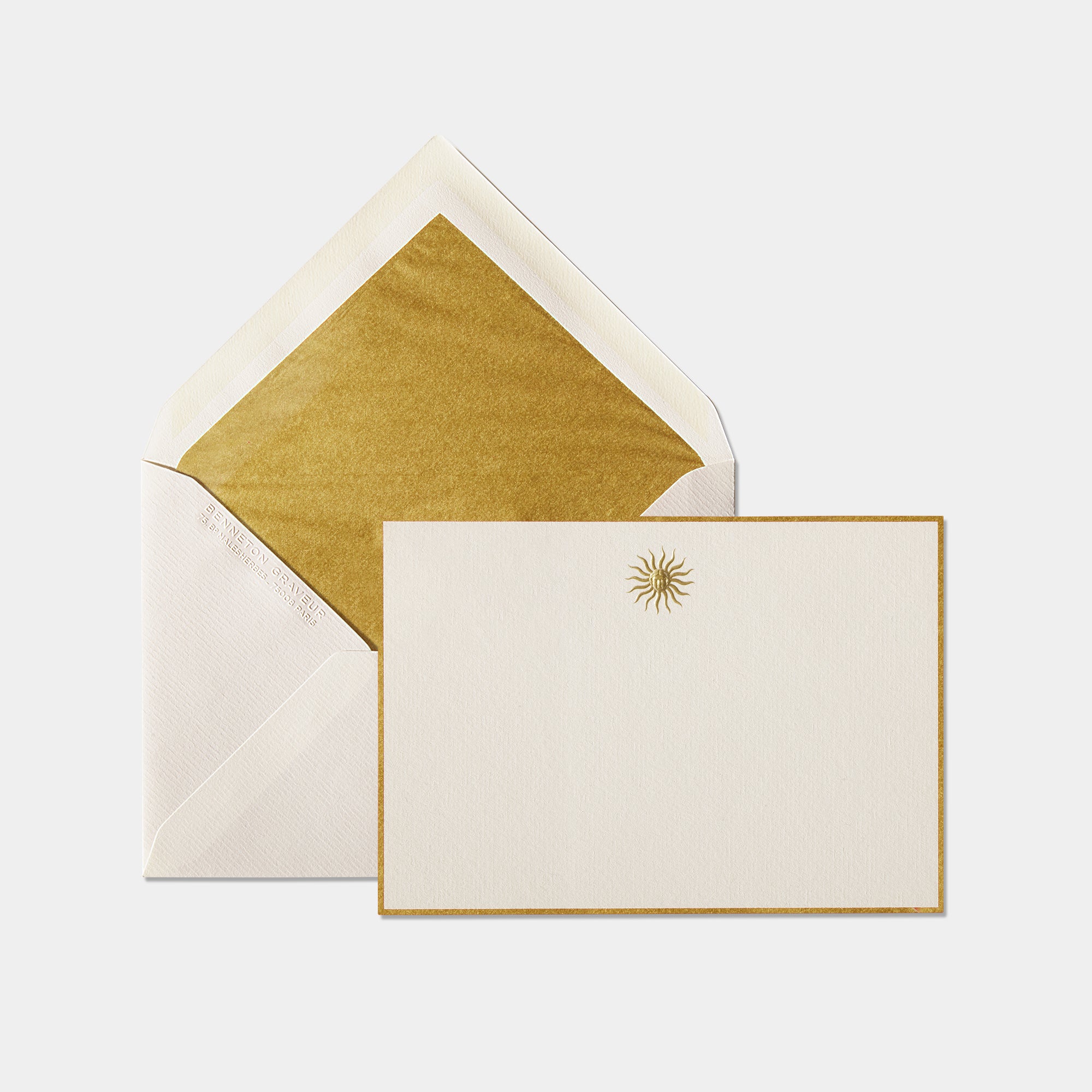 Carte et enveloppe assortie motif soleil or