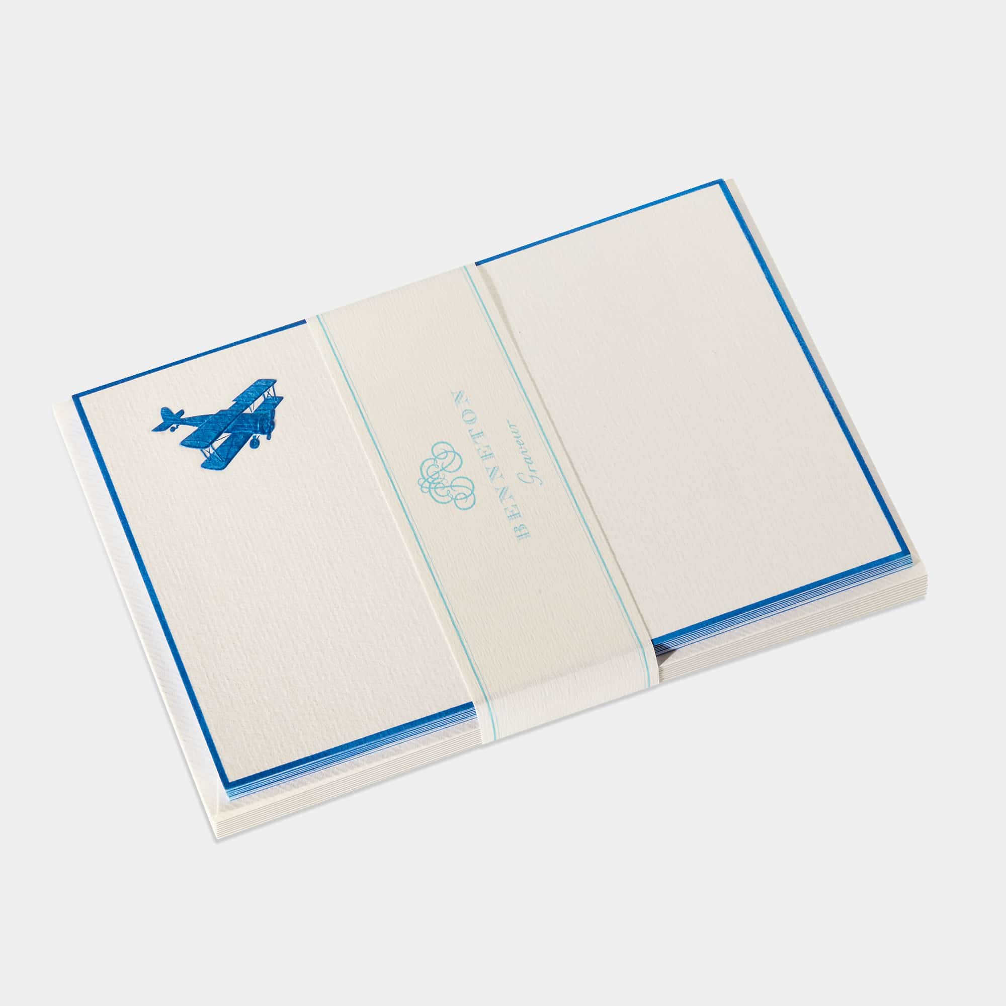 Coffret cartes de correspondance motif Avion bleu bordures Bleu Roi - Benneton Graveur