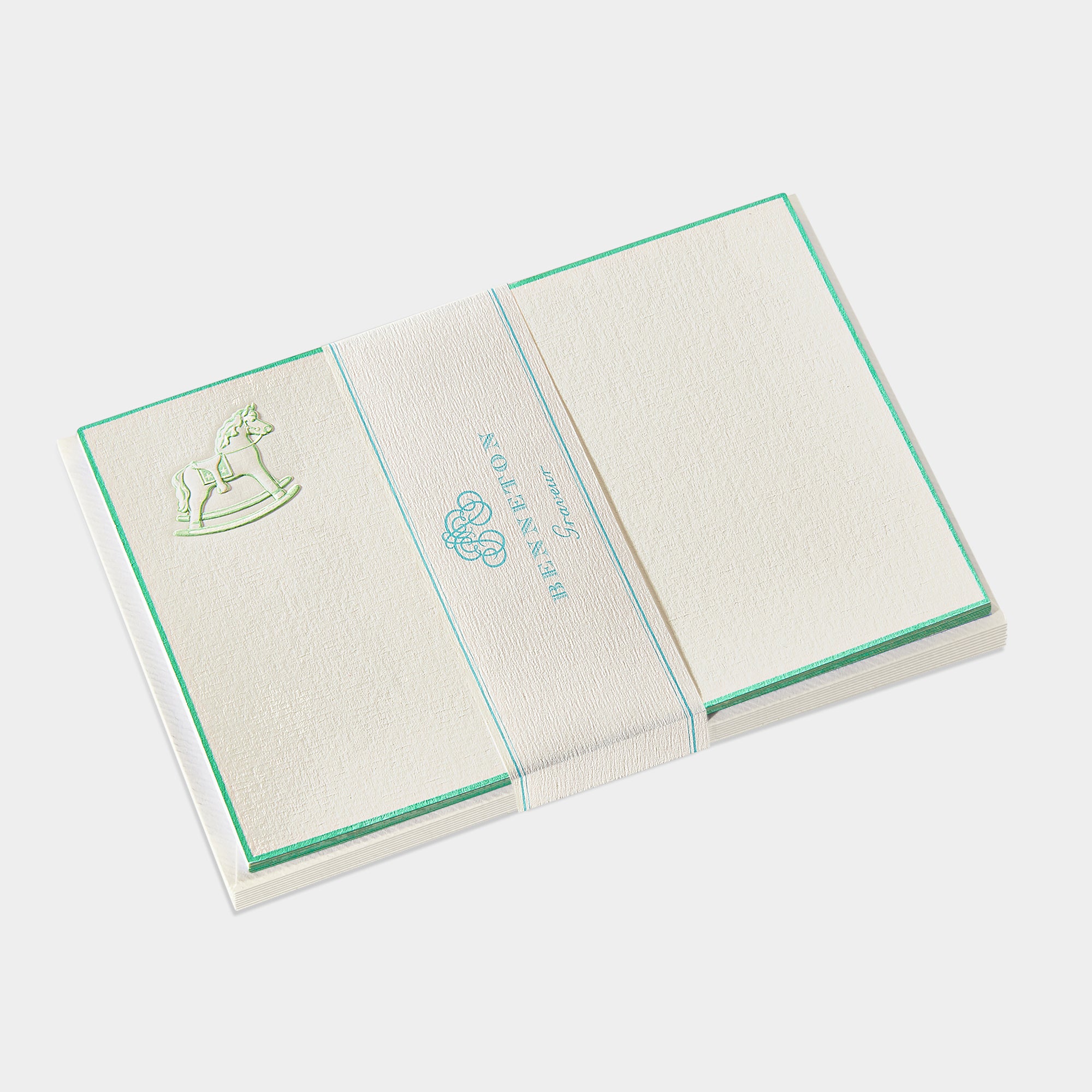 Cartes de correspondance de cheval a bascule vert-clair Benneton Graveur
