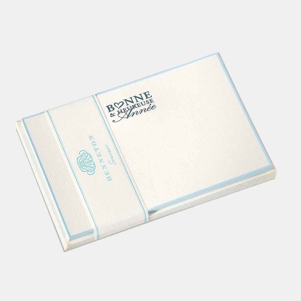 Cartes de correspondance Bonne et Heureuse Année bordures bleu ciel - Benneton Graveur