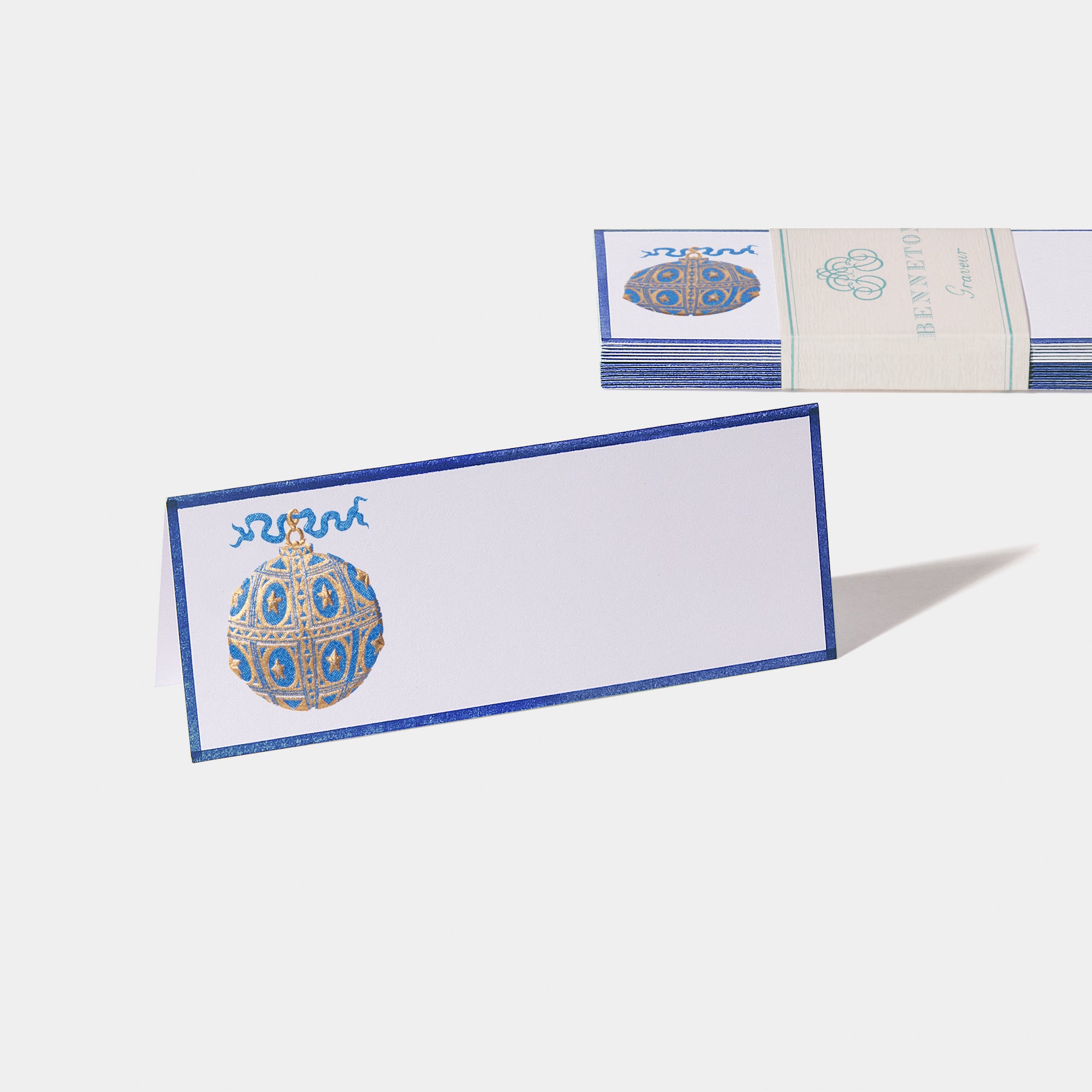 Cartes de table motif Boule de Noel Benneton Graveur bleu roi