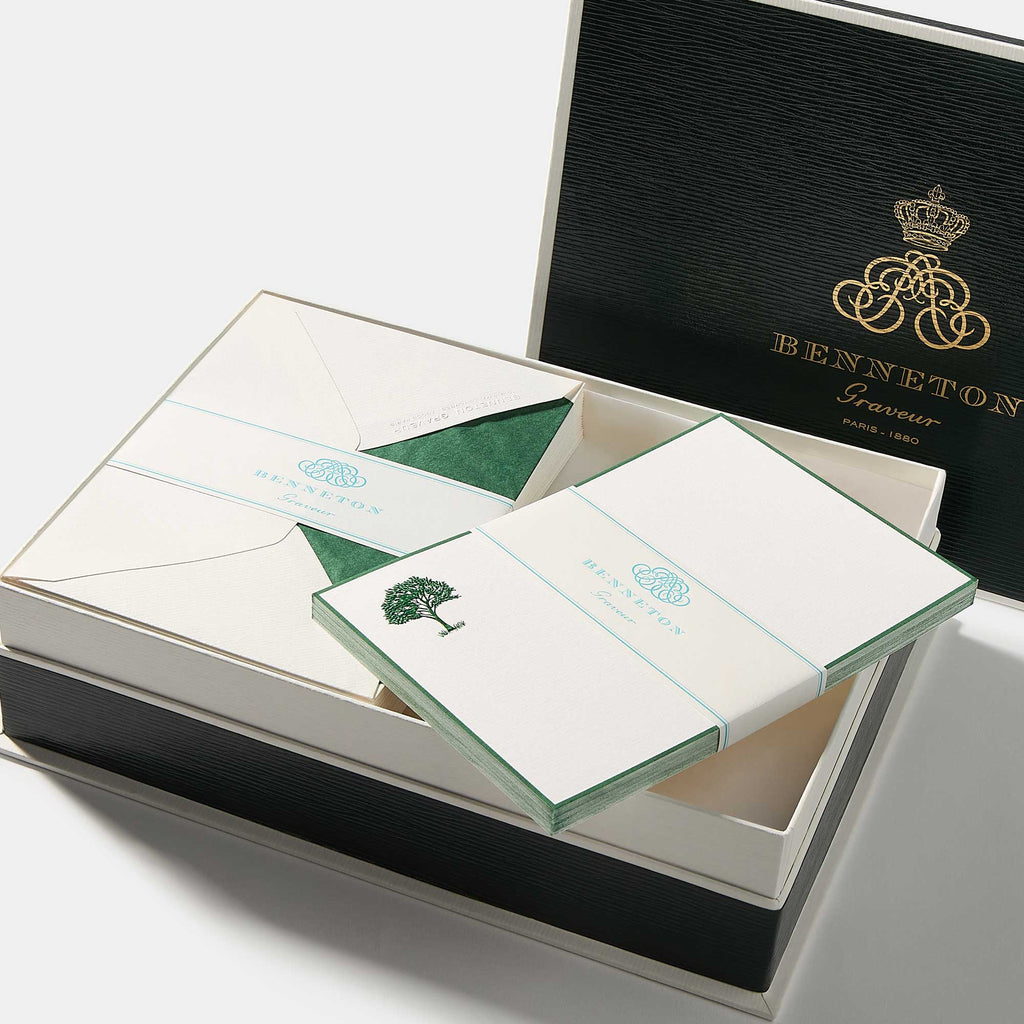 Coffret cartes de correspondance arbre bordures vert - Benneton Graveur