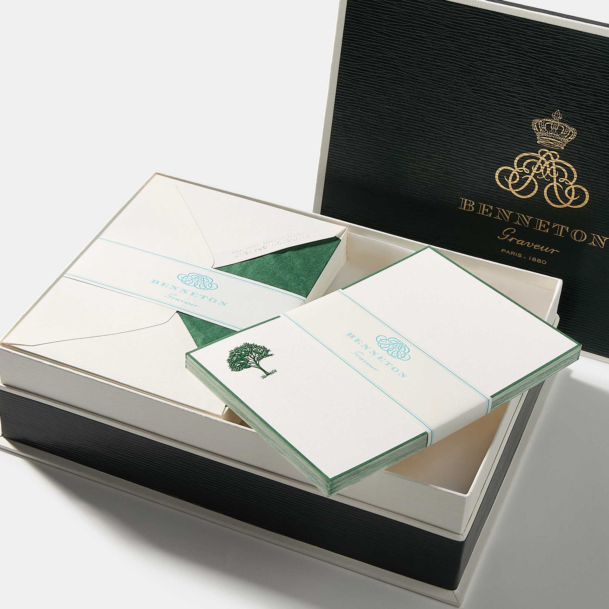 Coffret cartes de correspondance arbre bordures vert - Benneton Graveur