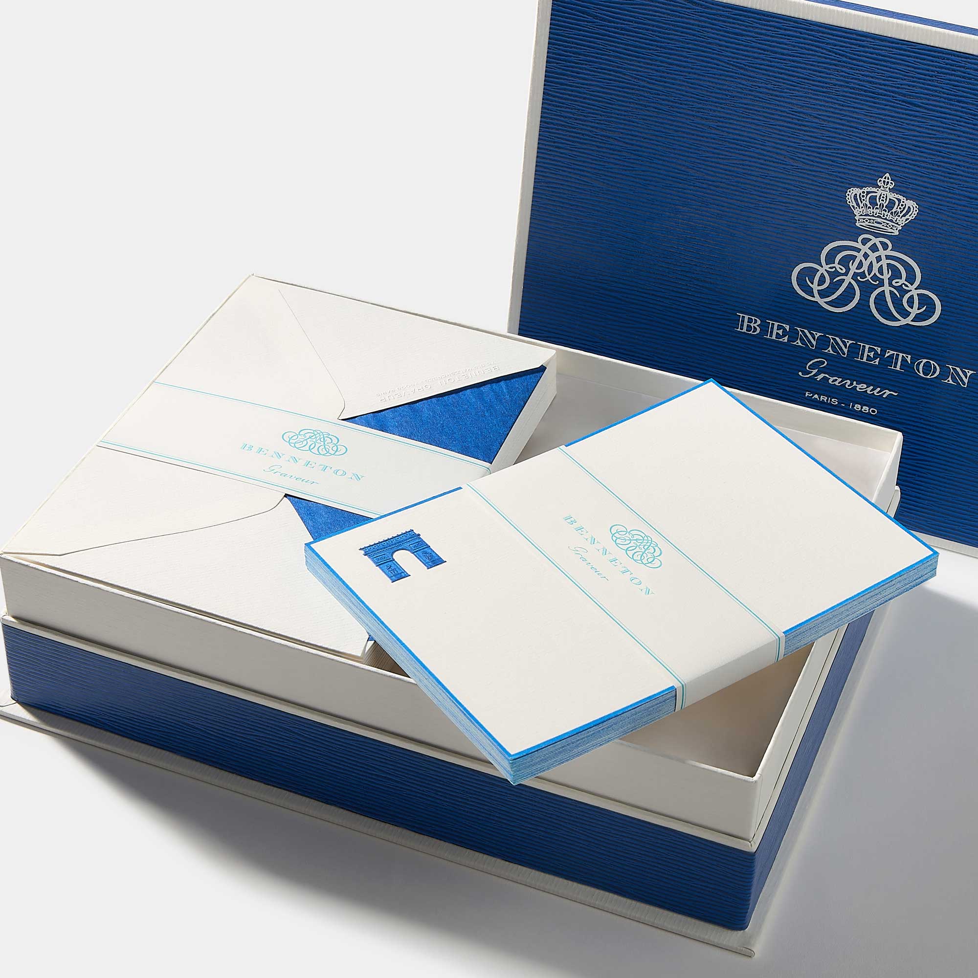 Coffret cartes de correspondance arc de triomphe bordures bleu - Benneton Graveur