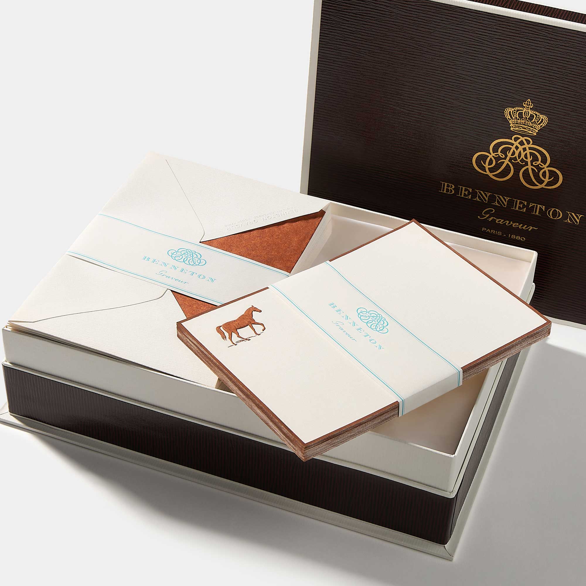 Coffret cartes de correspondance cheval bordures marron - Benneton Graveur