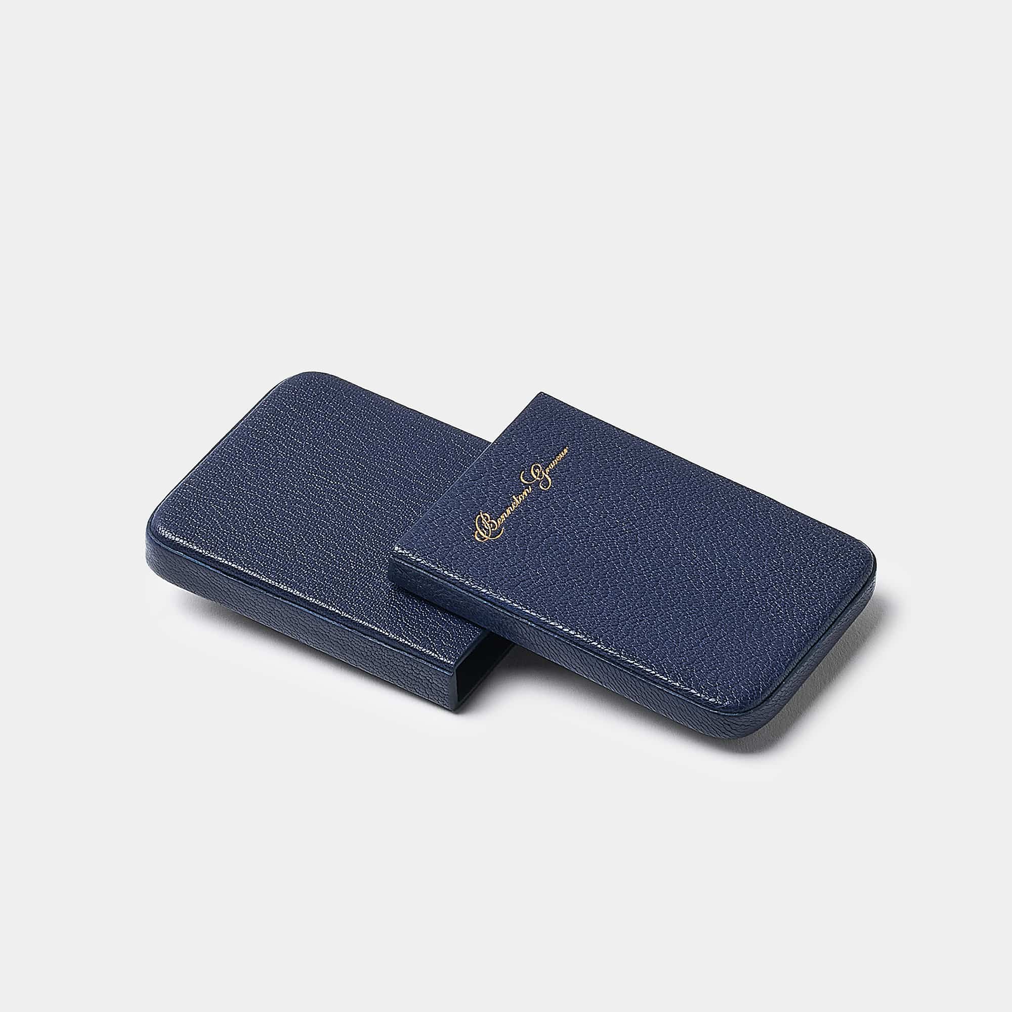 Coulisseau porte-cartes en cuir de chèvre bleu marine Benneton Graveur ouvert