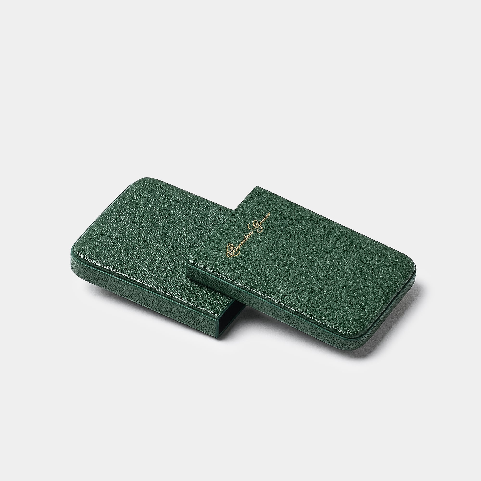 Coulisseau porte-cartes en cuir de chèvre vert Benneton Graveur ouvert 