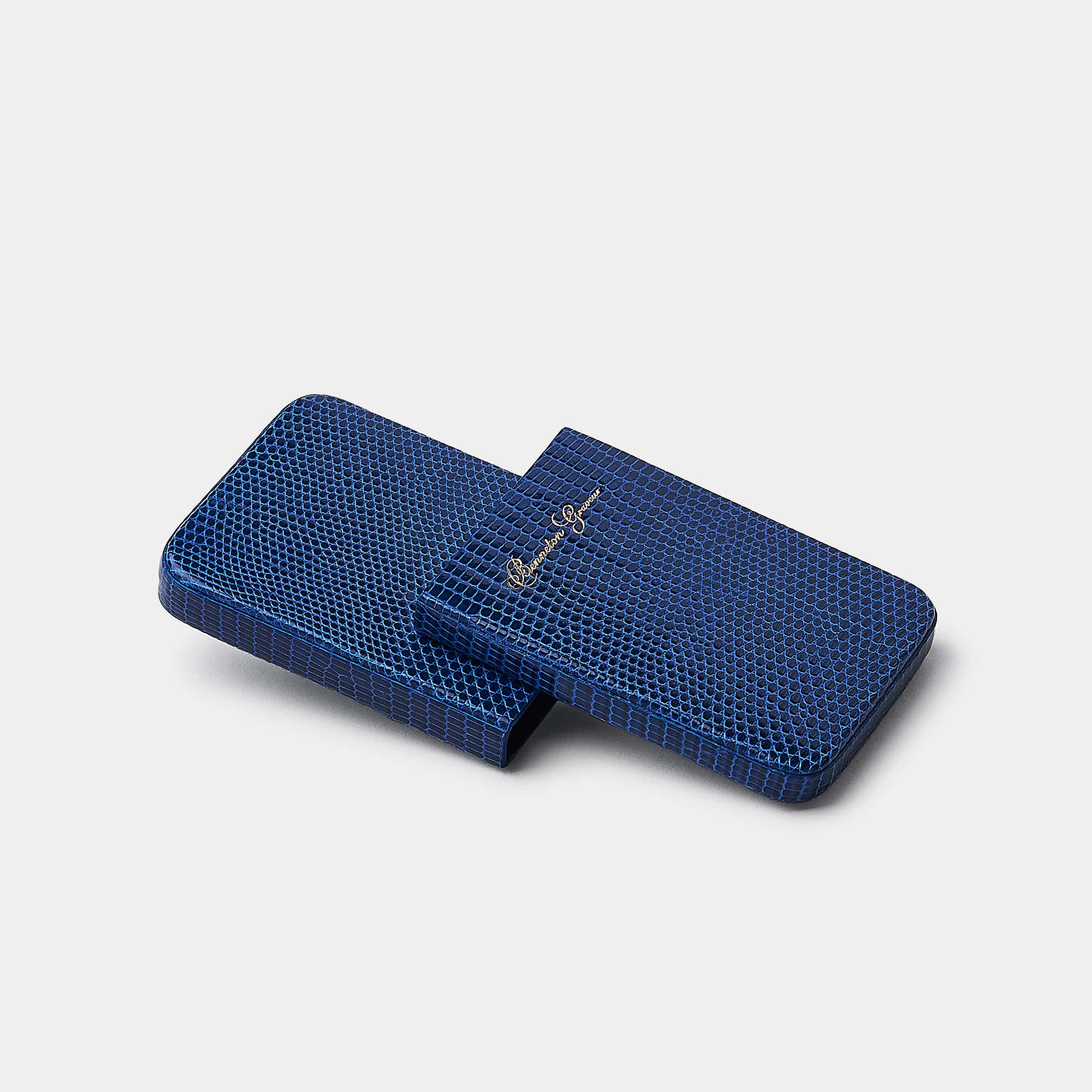 Coulisseau porte-cartes en cuir de lézard bleu roi Benneton Graveur ouvert