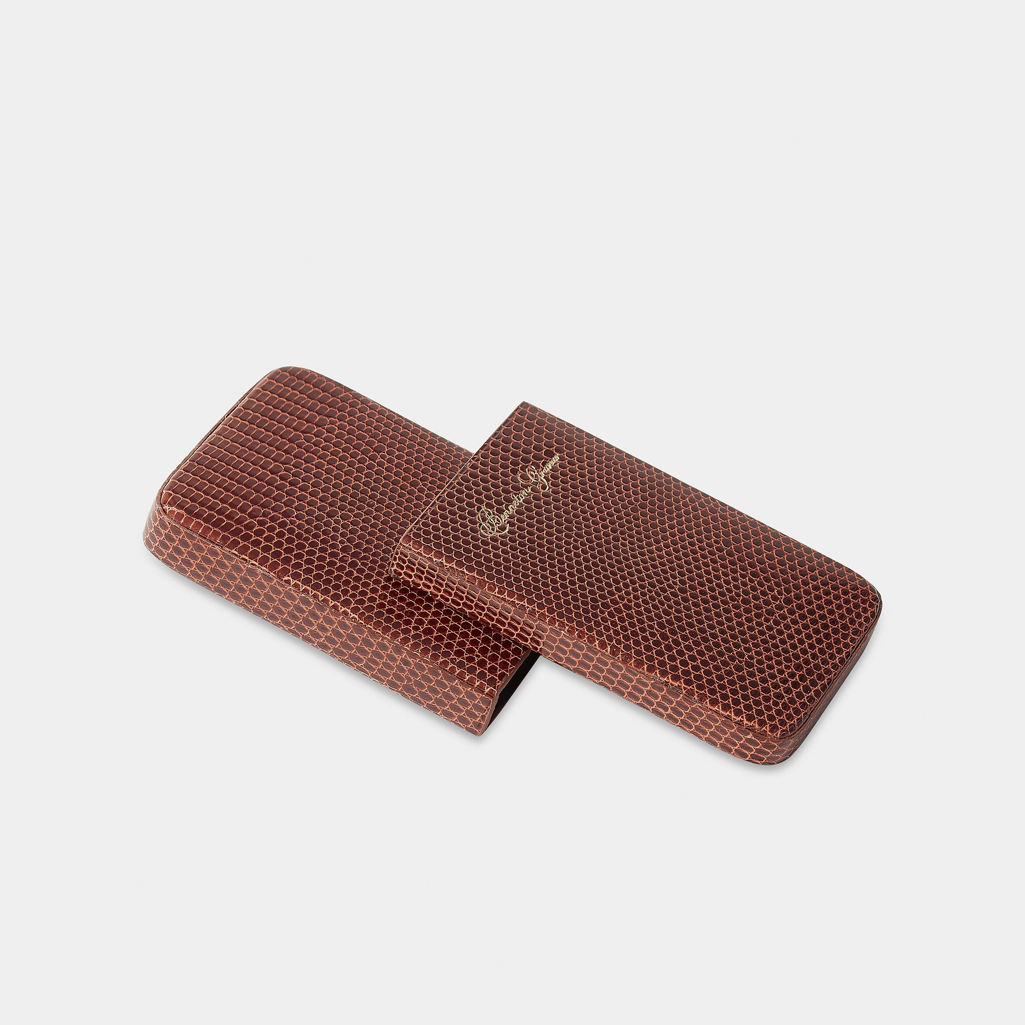 Coulisseau porte-cartes en cuir de lézard cognac Benneton Graveur ouvert