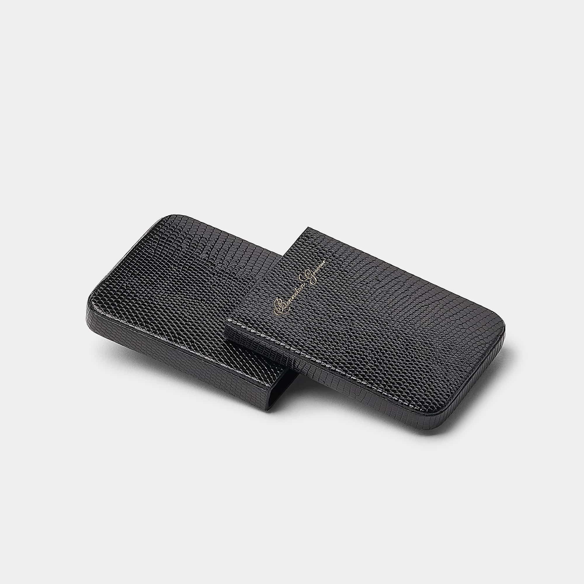 Coulisseau porte-cartes en cuir de lézard noir Benneton Graveur ouvert