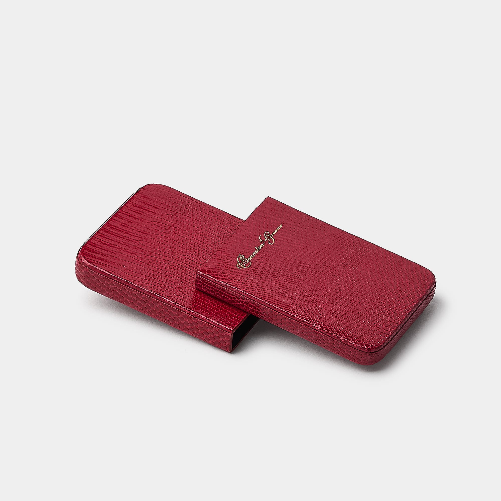 Coulisseau porte-cartes en cuir de lézard rouge Benneton Graveur ouvert