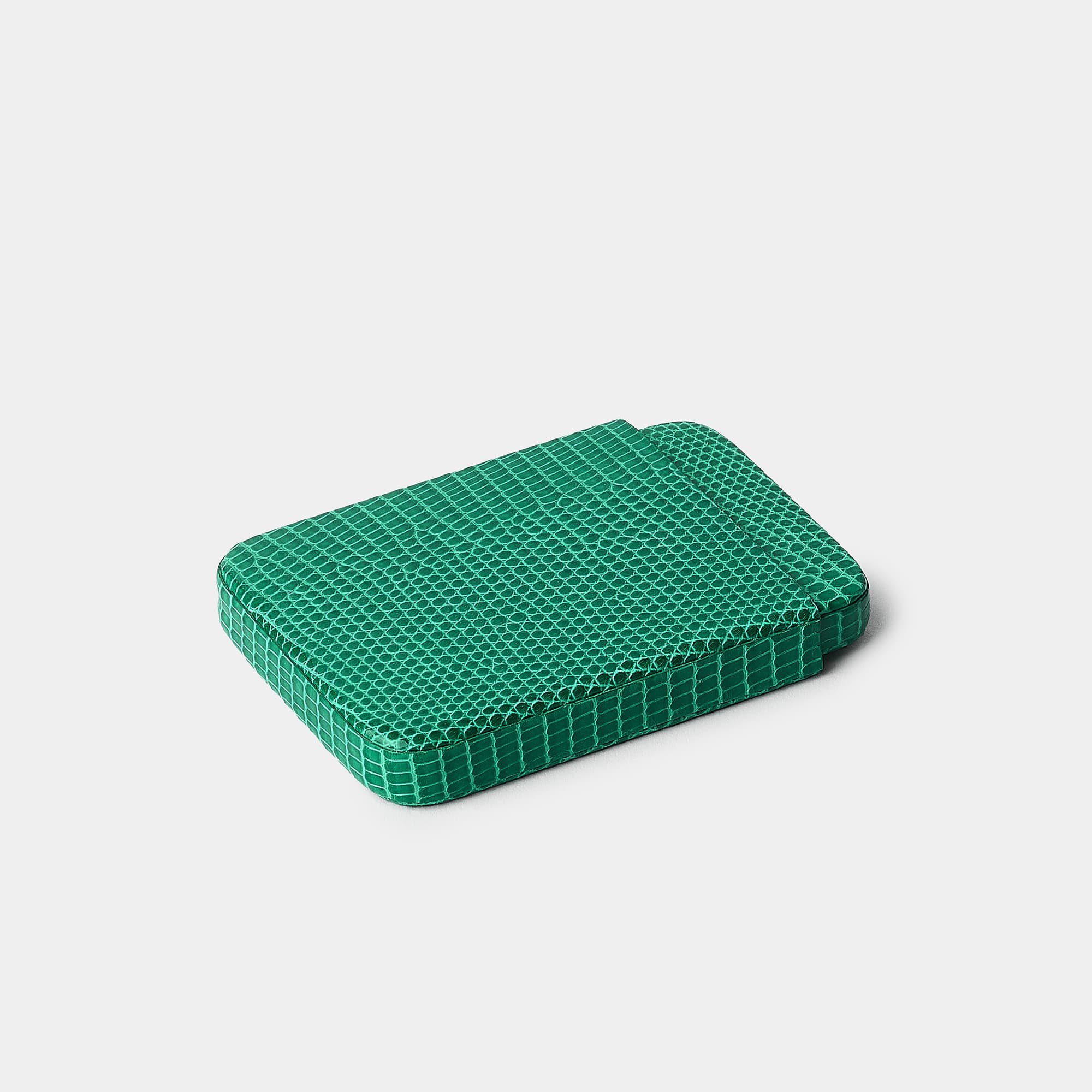 Coulisseau porte-cartes en cuir de lézard vert émeraude Benneton Graveur fermé
