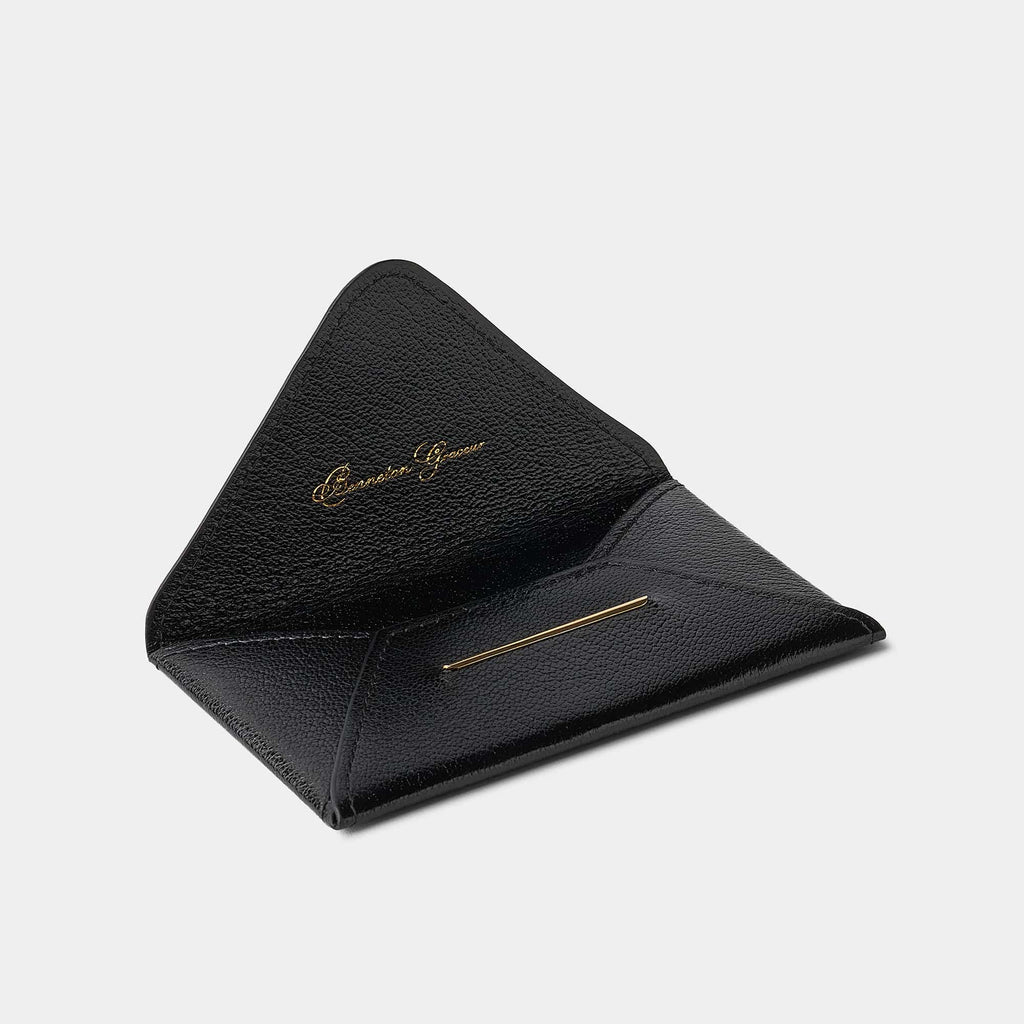Enveloppe porte-cartes en cuir de chèvre noir Benneton Graveur ouvert