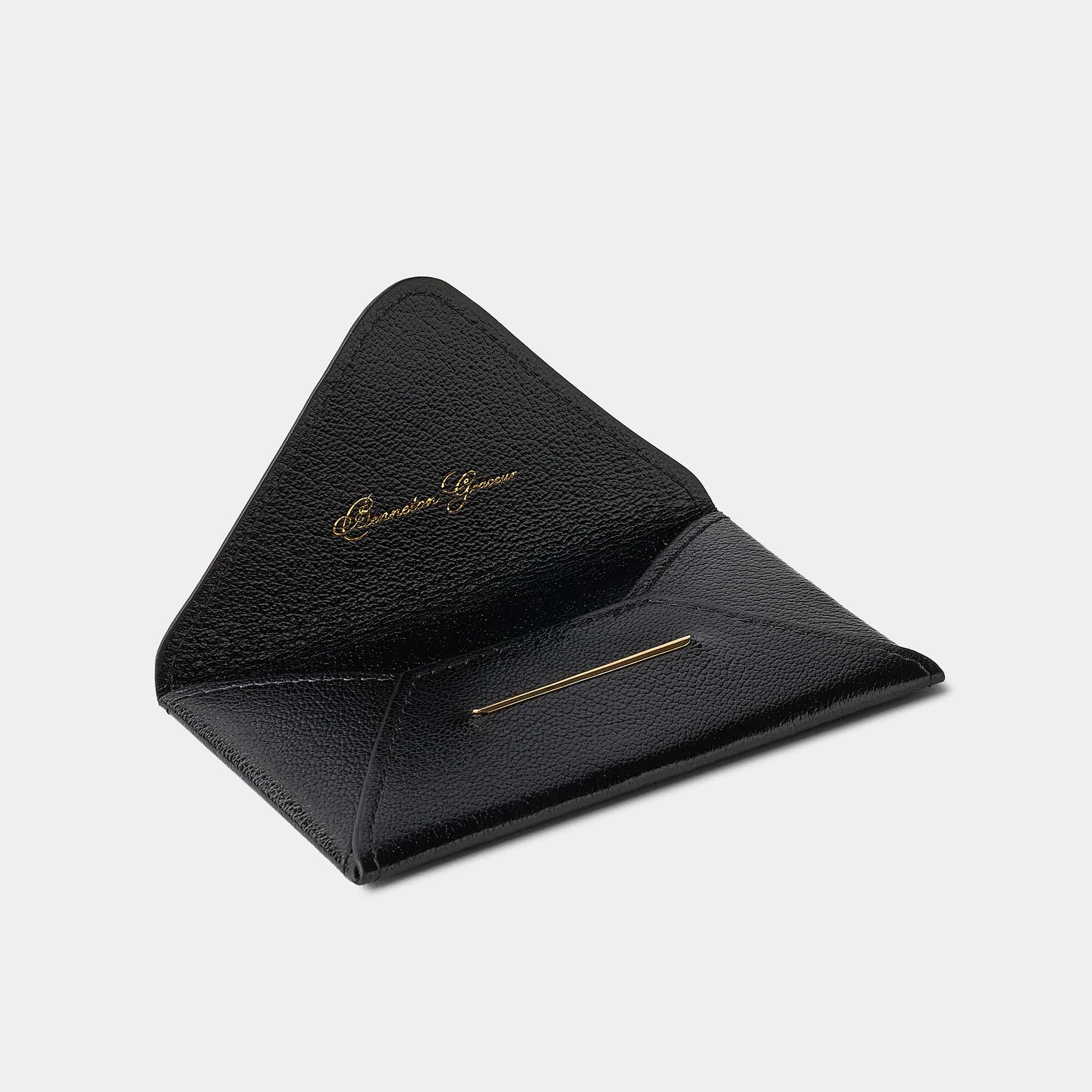 Enveloppe porte-cartes en cuir de chèvre noir Benneton Graveur ouvert