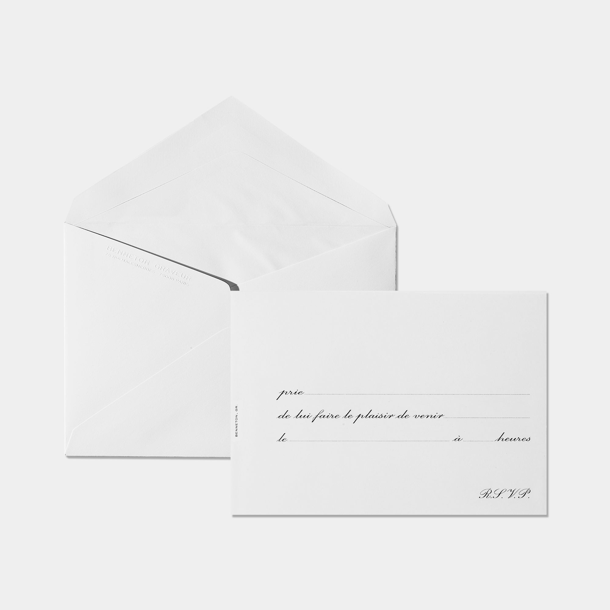 Invitations "Monsieur ou Madame prie" et enveloppe assortie Benneton Graveur