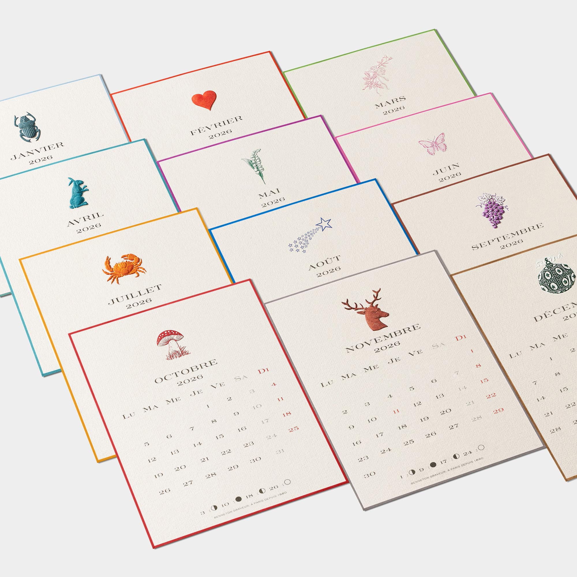 Zoom mois calendrier 2026 français Benneton Graveur 