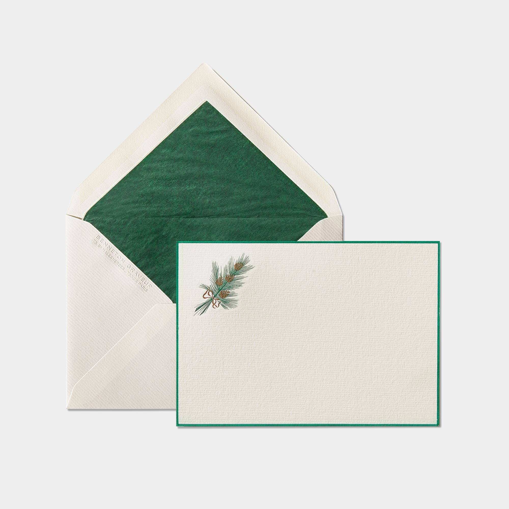 Carte et enveloppe assortie motif branche de pin vert